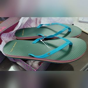 Tory Burch Leather Flip Flops Sz 9 Deep Aqua/Multi